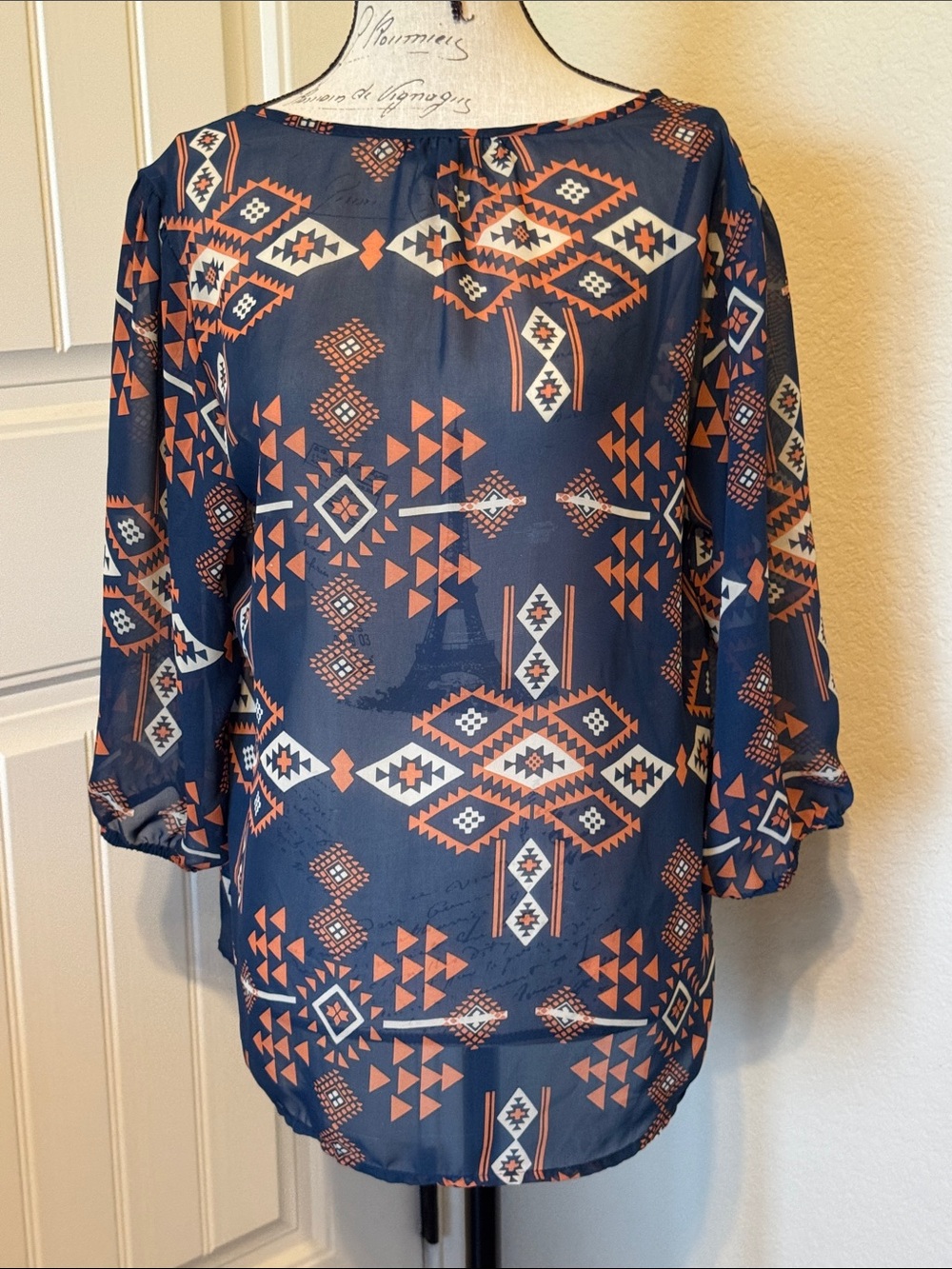 living doll Navy Sheer Aztec Blouse with Orange & White Motif
